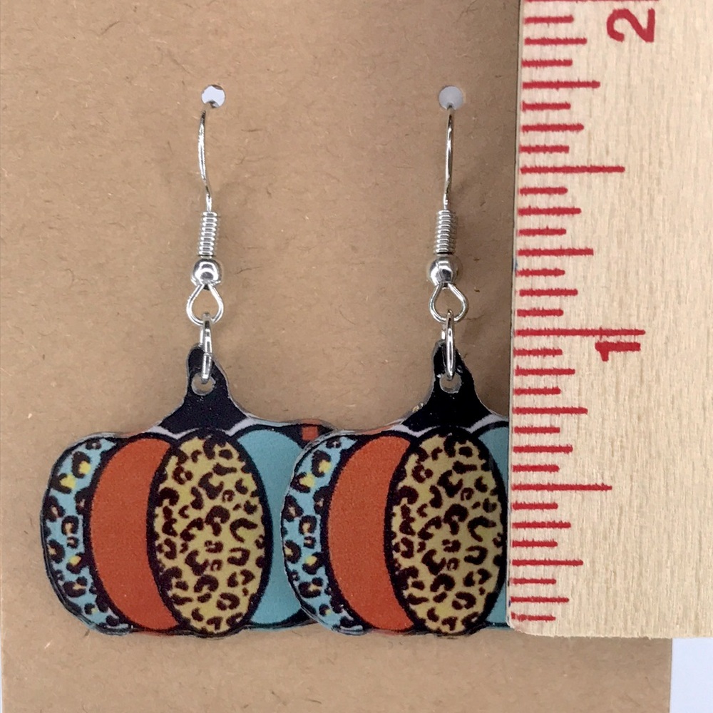 2D Acrylic Pumpkin Fall Leopard Print, Orange and Teal Dangle Earrings - Picture 2 of 4
